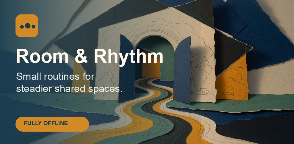 Room and Rhythm title over a tactile house and path collage